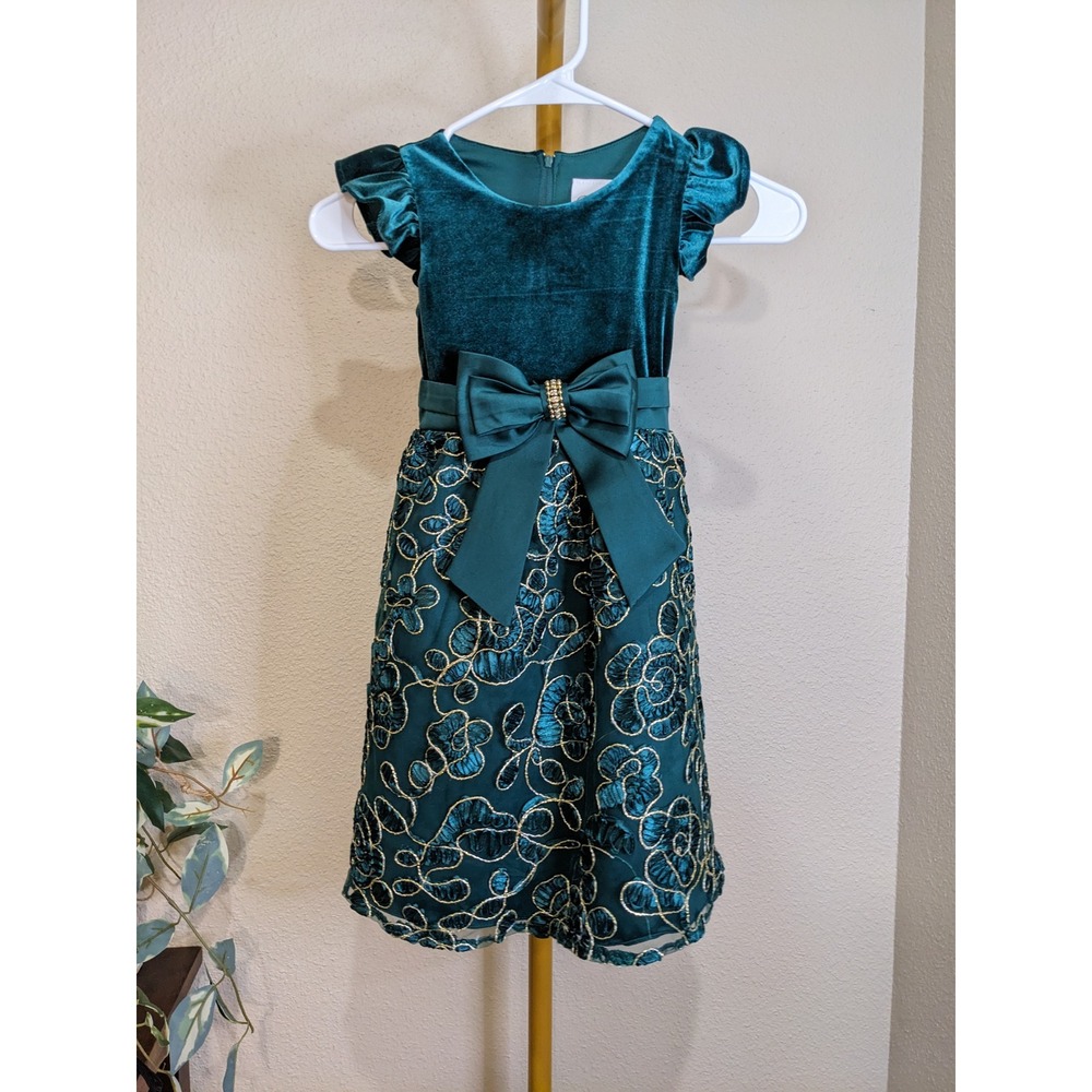 Girls Emerald Velvet Metallic Floral Embroidered Bow Tulle Party Dress Size 5